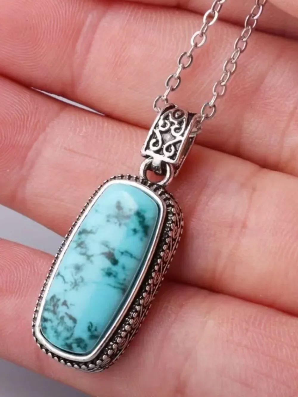 NWT-Southwestern Faux Turquoise Pendant Necklace Rectangle